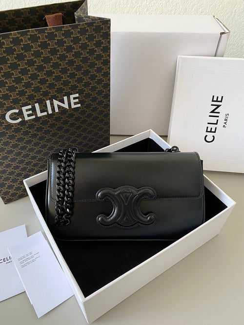 CELINE 20 CHAIN EMBOSSED ARMPIT BAG FULL BLACK CALFSKIN