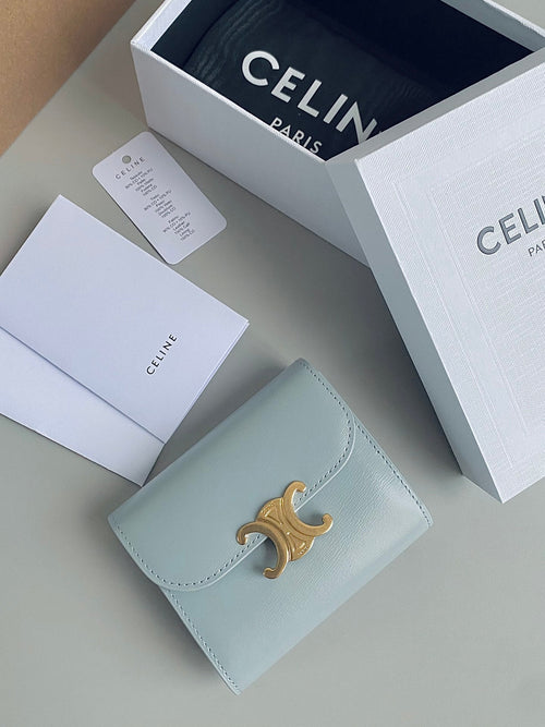 CELINE TRIPHOME 10 TRIFOLD WALLET CALFSKIN BLUE PASTEL