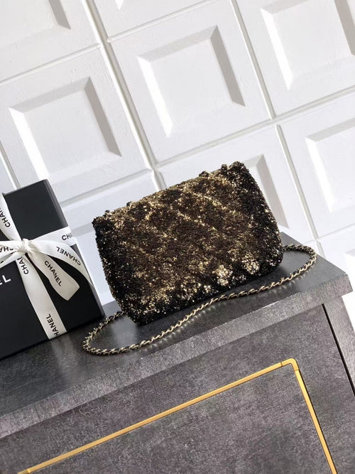 CHANEL 20 SEQUINS FLAP BAG IN BLACK MIX BROWN