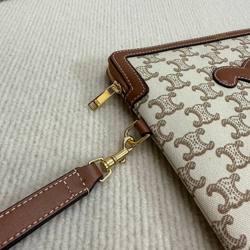 CELINE SMALL POUCH 25 IN BEIGE TRIOMPHE TEXTILE AND BROWN CALFSKIN
