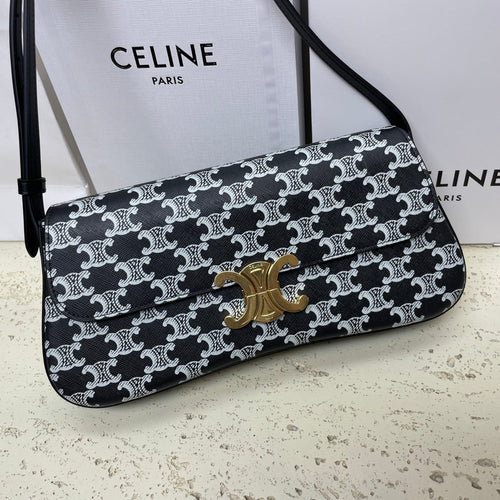 CELINE LOLA BAGUETTE BAG 28 IN BLACK MIX WHITE MONOGRAM CANVAS AND CALFSKIN