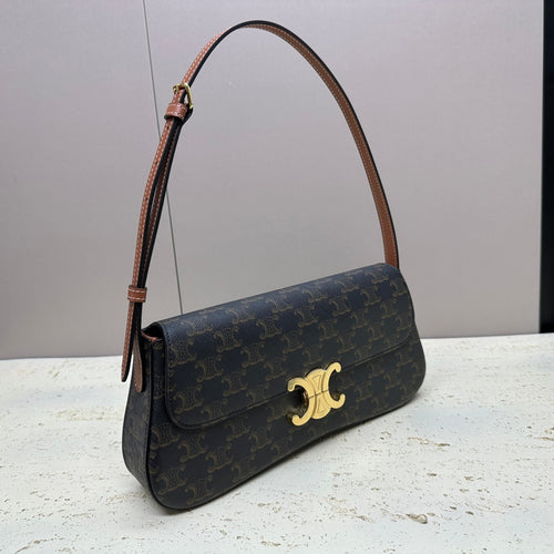 CELINE LOLA BAGUETTE BAG 28 IN DARK BROWN MONOGRAM CANVAS AND CALFSKIN