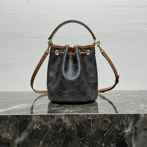 CELINE CLARA BAG 19 IN BLACK TRIOMPHE CANVAS AND BROWN CALFSKIN TRIM
