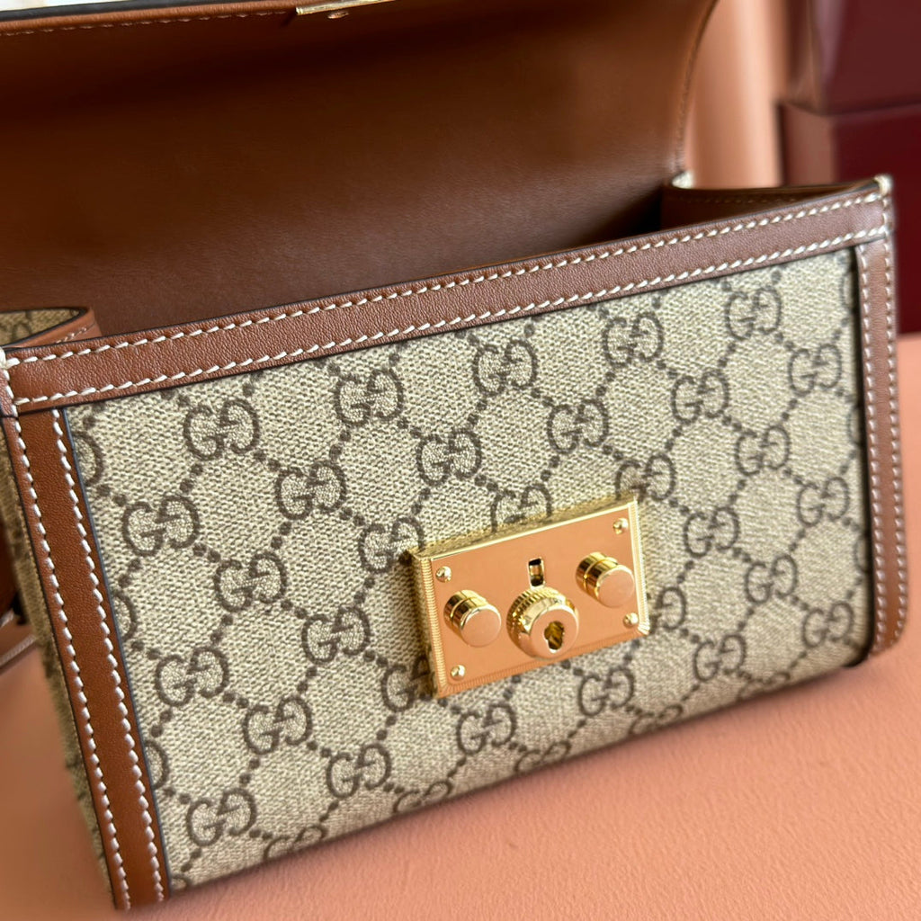 GUCCI 25S PADLOCK BAG 20 IN BEIGE CANVAS AND BROWN CALFSKIN