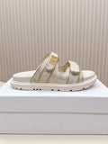 DIOR CLASSIC DOUBLE-STRAP SLIDES 25S IN WHITE MIX BEIGE FABRIC AND CALFSKIN